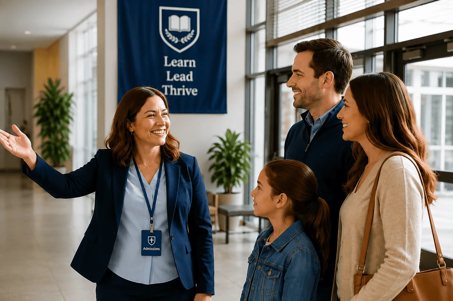 Admissions officer welcoming a prospective family on a school tour