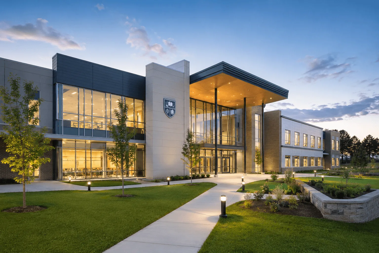New international school campus exterior photographed at dusk