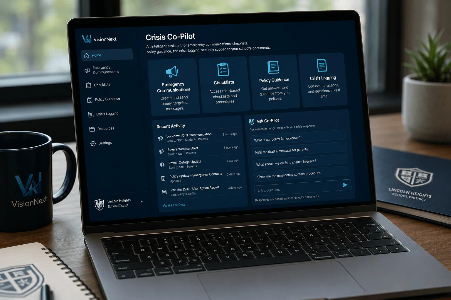 School Crisis AI Co-Pilot dashboard displayed on a laptop screen