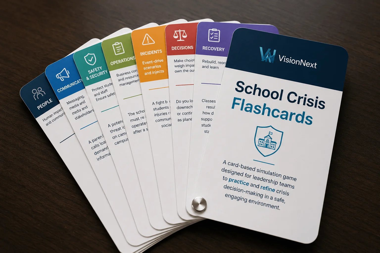 School Crisis Flashcard simulation deck, fanned out on a tabletop