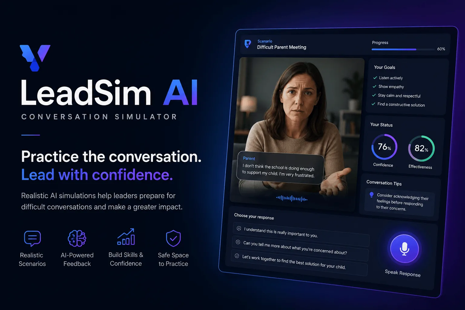 LeadSim AI conversation simulator interface showing a coaching report