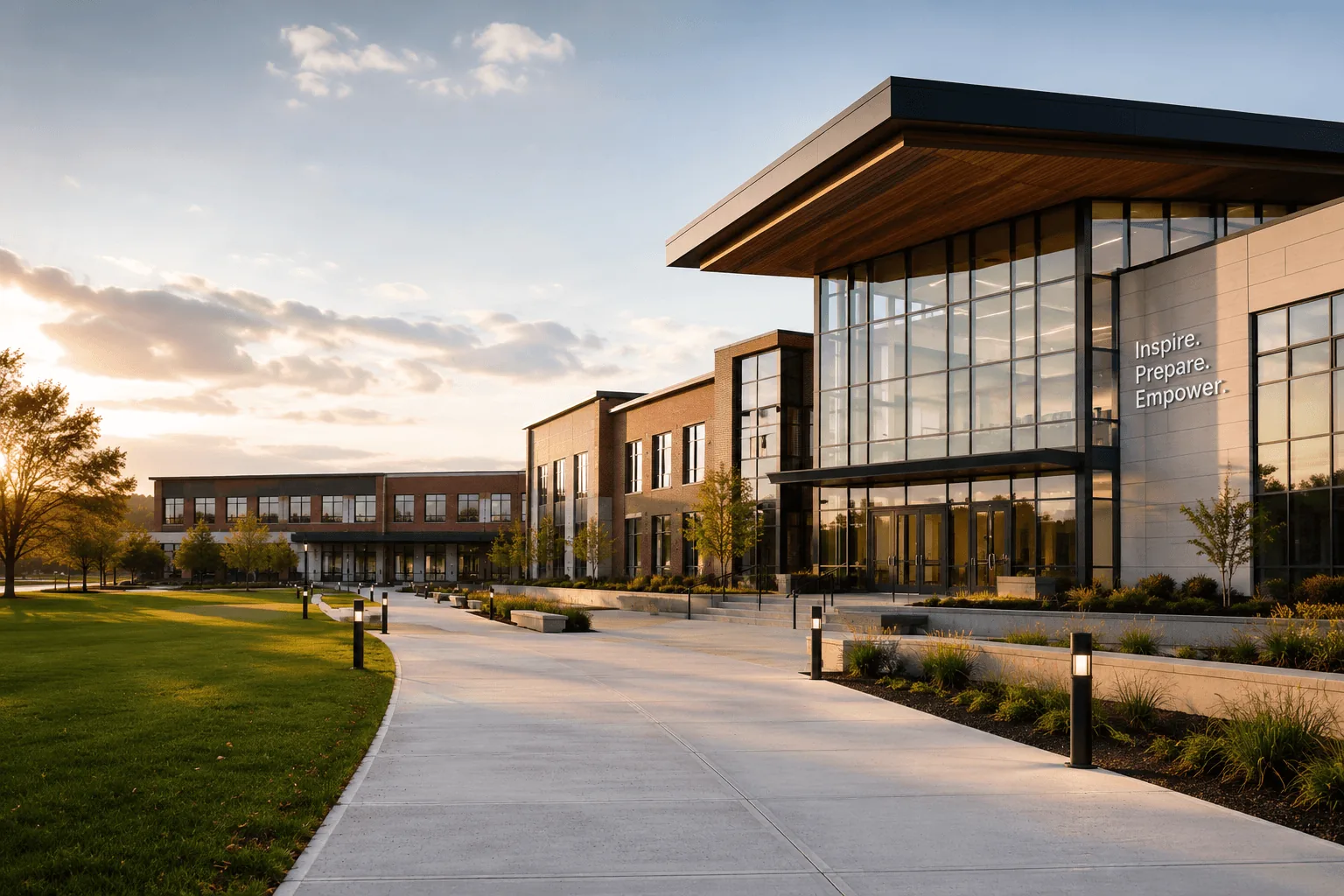 Modern international school campus exterior at golden hour